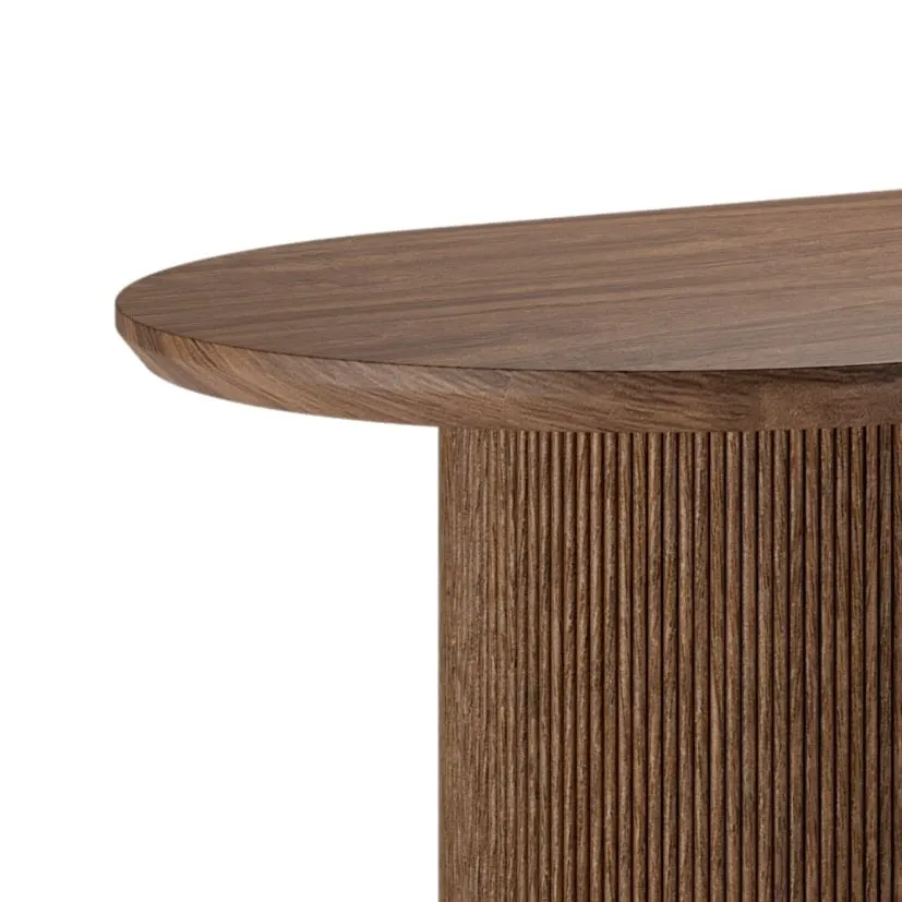 Bora dining table — three-quarter detail of wood top and base