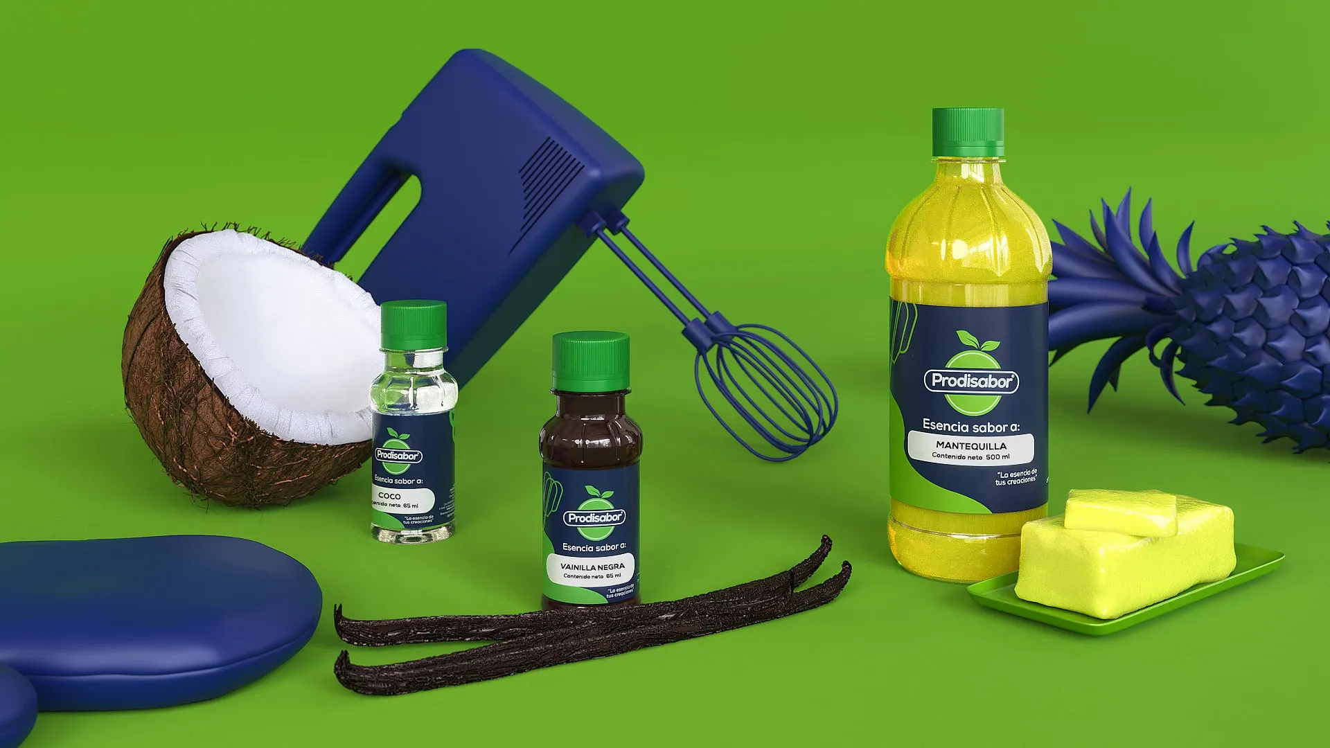 Kitchen flat-lay composition of rendered products and ingredients