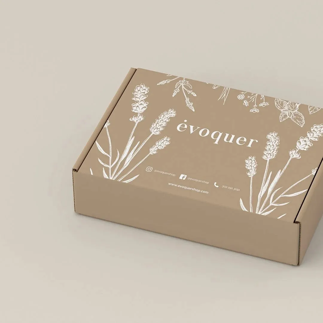 Évoquer packaging box with embossed botanical detail