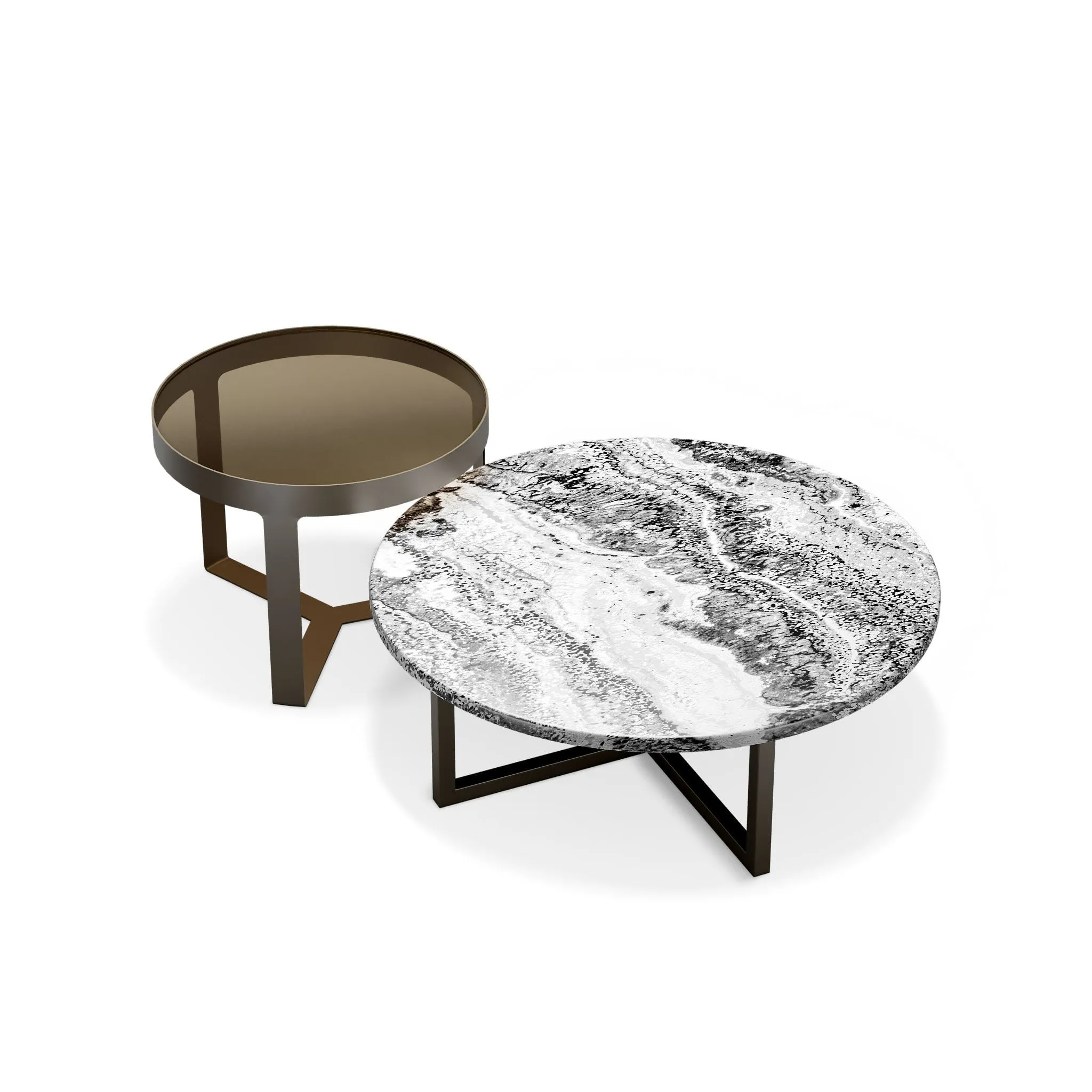 Odesa coffee tables — bronze glass side table and marble round table