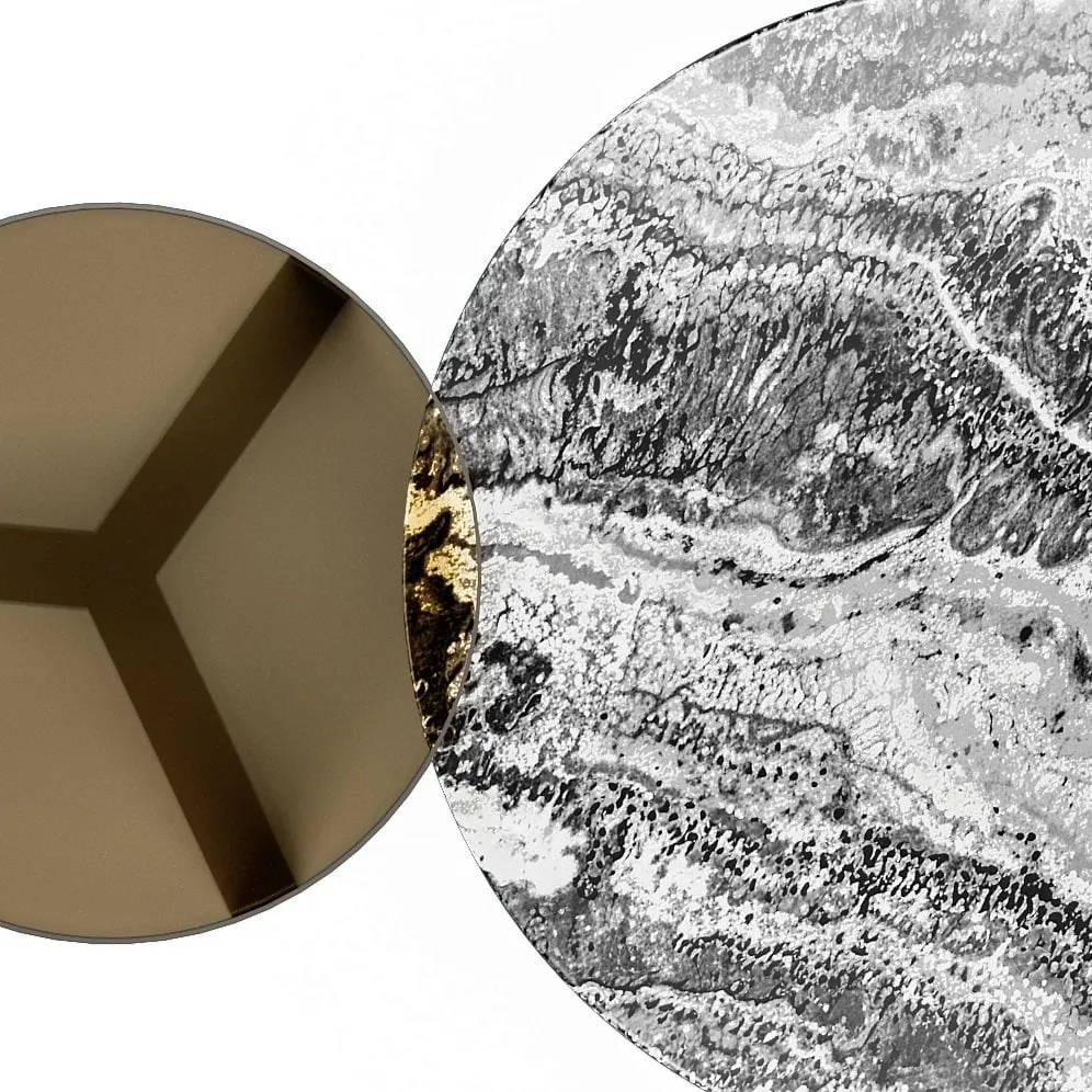 Odesa tables — top view detail of marble and bronze surfaces