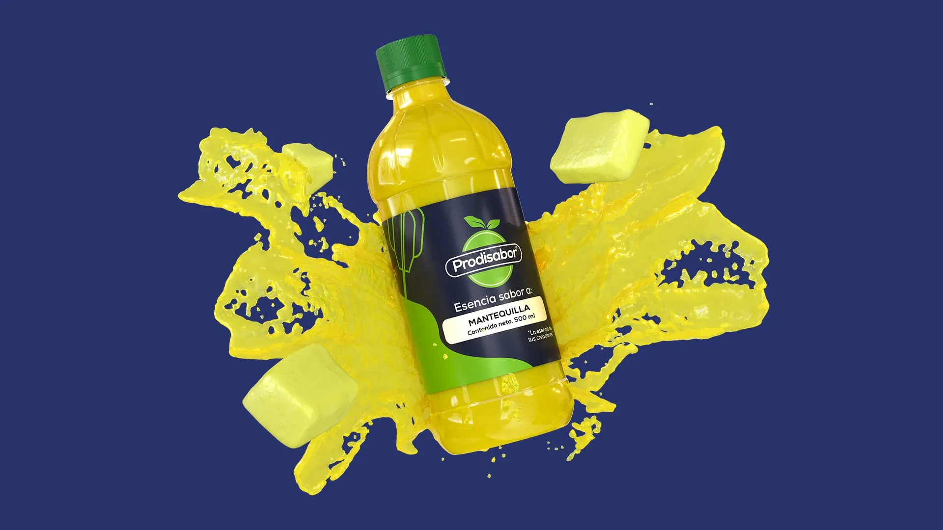 Olive oil bottle render with a dynamic yellow liquid splash on a blue backdrop