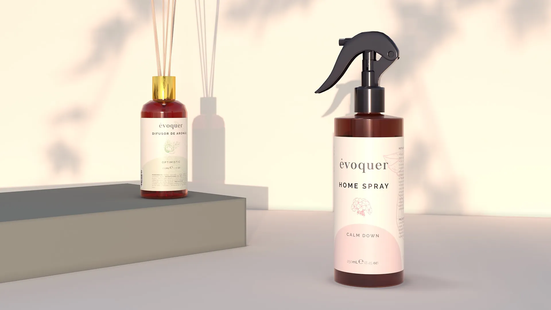 Évoquer diffuser reeds and home-spray bottle render on a blue backdrop