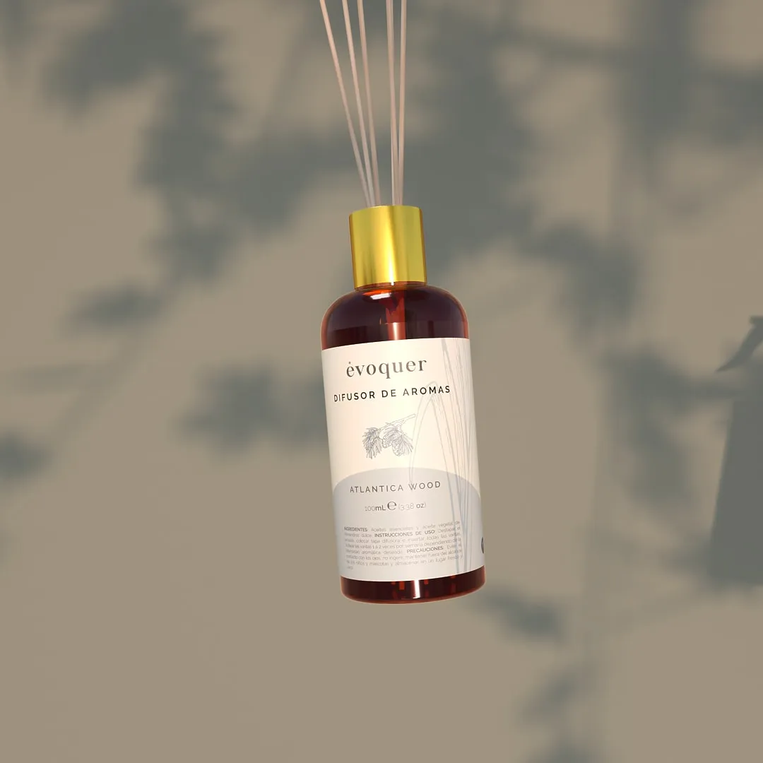 Évoquer hanging dropper bottle render with soft botanical shadows