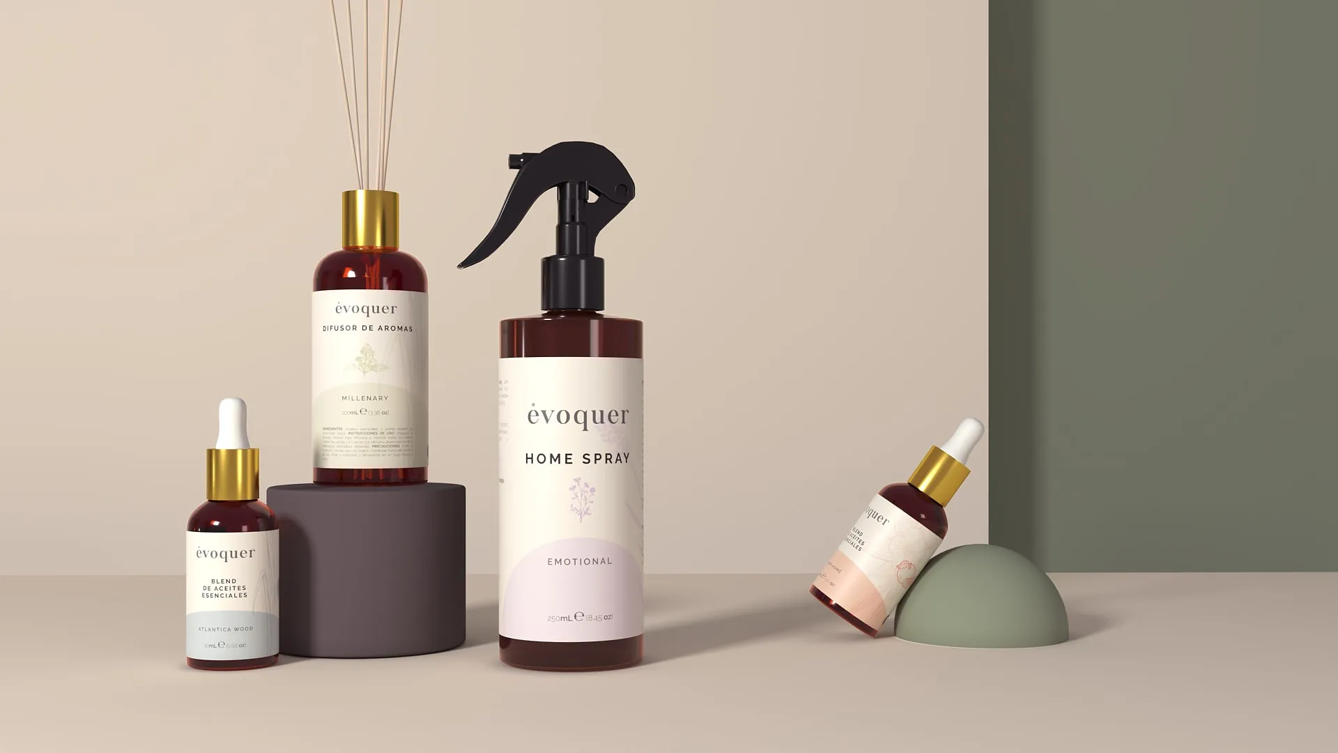 Évoquer product line-up render — bottles and spray on a sage green set