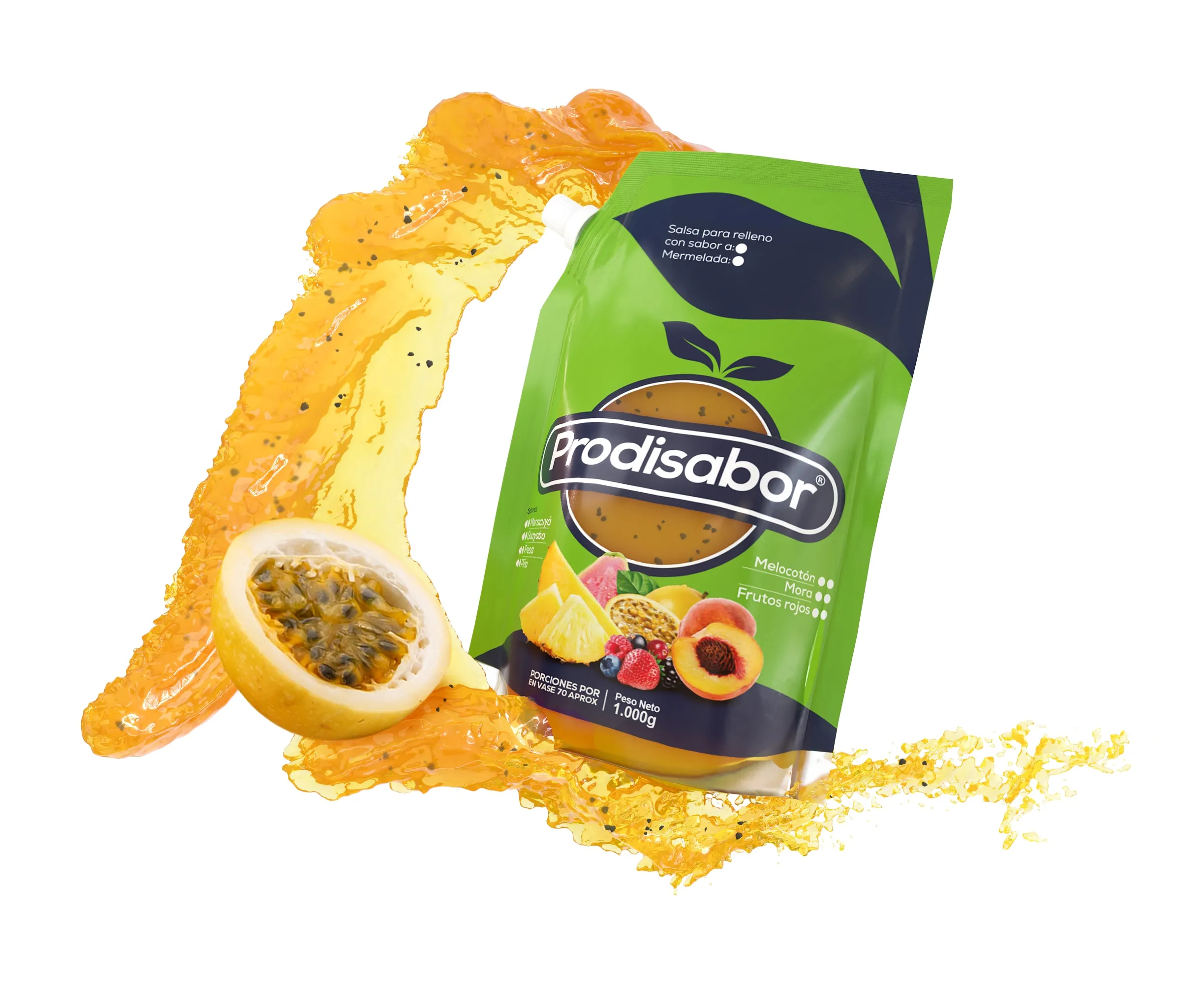 Passion fruit pouch packaging render with an orange juice splash on white