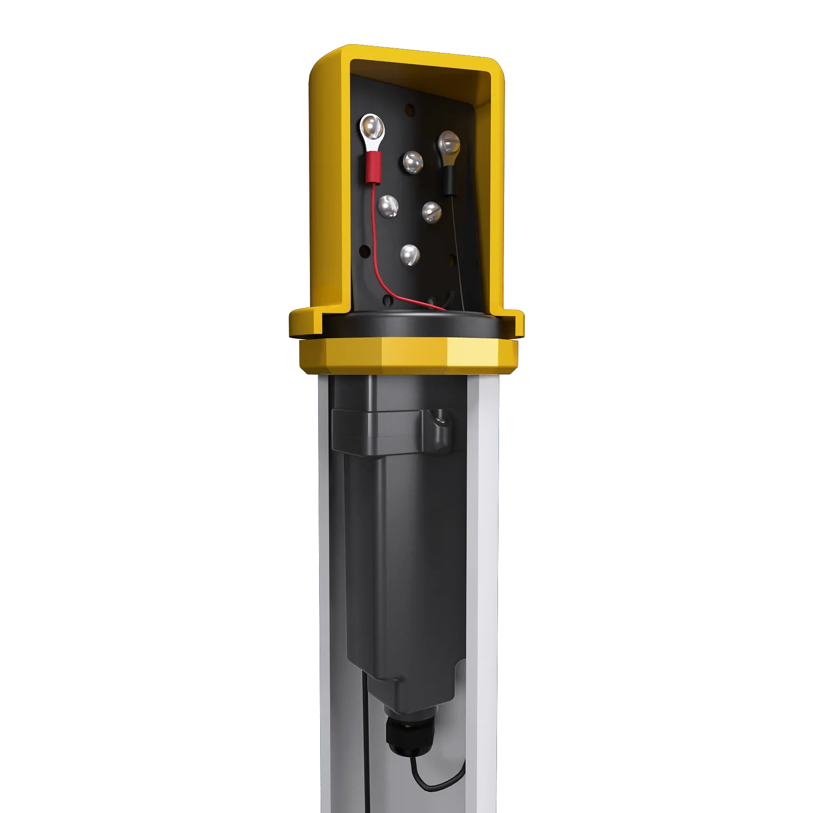 Final assembly render — device installed on a vertical pole with yellow head